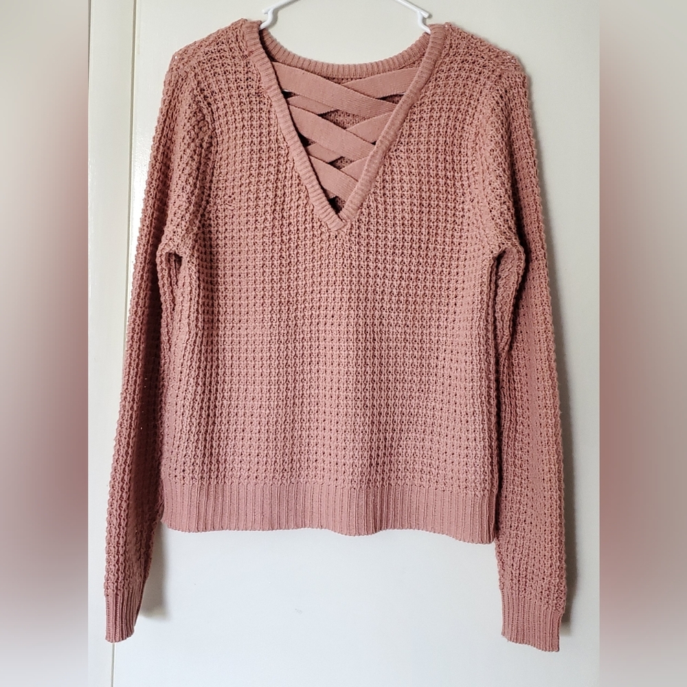 Ambiance Apparel Mauve Crocheted Vneck Long Sleeve Sweater‎ Size Large